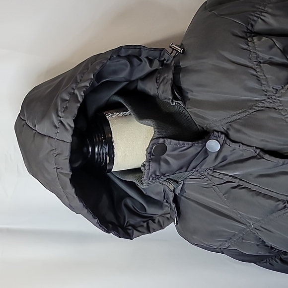 JACOB Bow Tie Hood Fitted Puffer Long Jacket Warm Charcoal - Picture 2 of 9